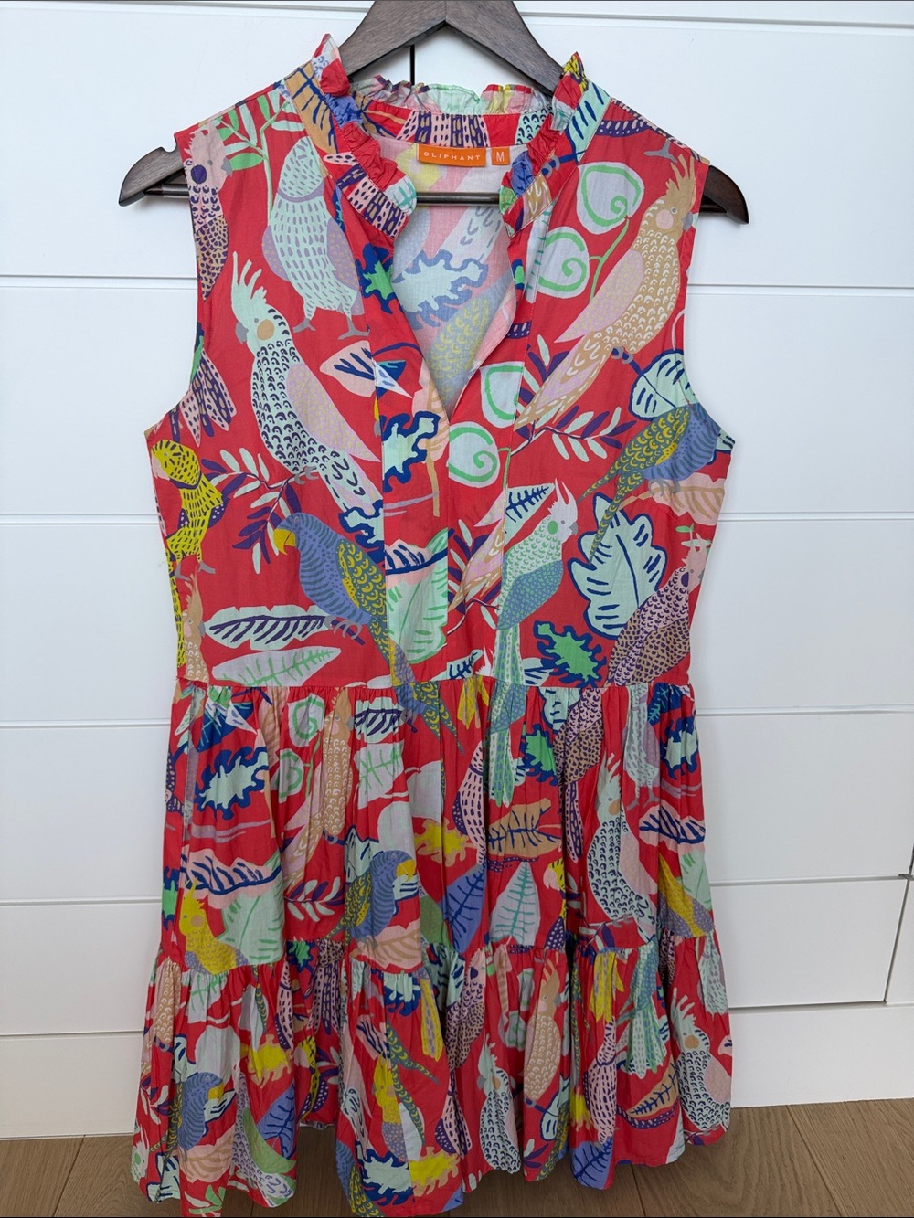 Oliphant Coral Sleeveless Tiered Bird-Print Midi Dress